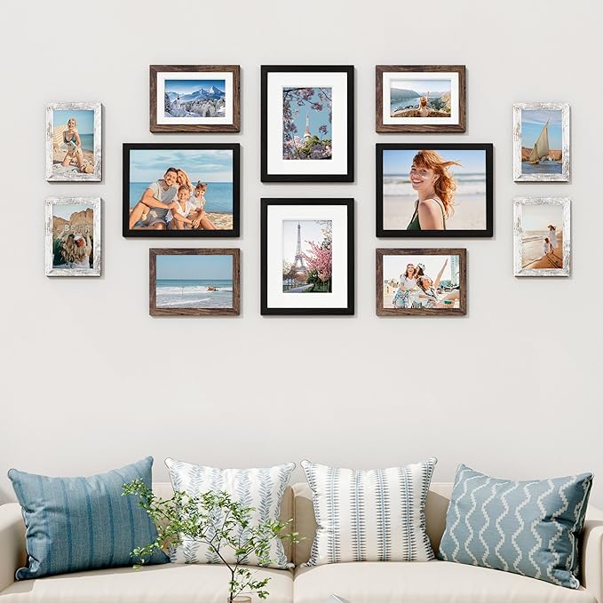 Vittanly 12 Pack Picture Frames Collage Wall Decor for Mounting or Tabletop Display, Multi Sizes Including 4pcs 8x10, 4pcs 5x7, 4pcs 4x6, Black, Brown and Distressed White
