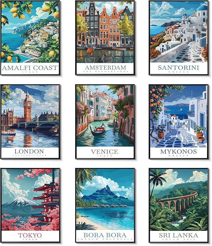 Vintage Travel Cities Posters Wall Art Set of 9,Europe Italy Cities Wall Decor, Trendy Modern The World Travel Canvas Art Prints Painting for Living Room Bedroom Bathroom Home Decor 8x10In Unframed