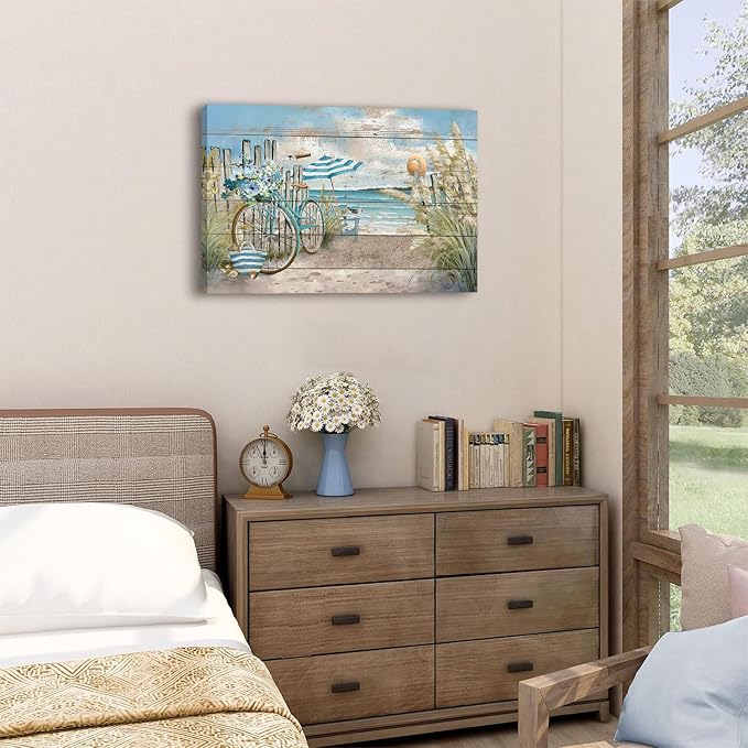 Coastal Canvas Wall Art Farmhouse Beach Seaside Wall Decor for Bathroom Bicycle Picture Rustic Ocean Seascape Poster Print Retro Country Coastline Painting Artwork Living Room Home Decoration 16x24