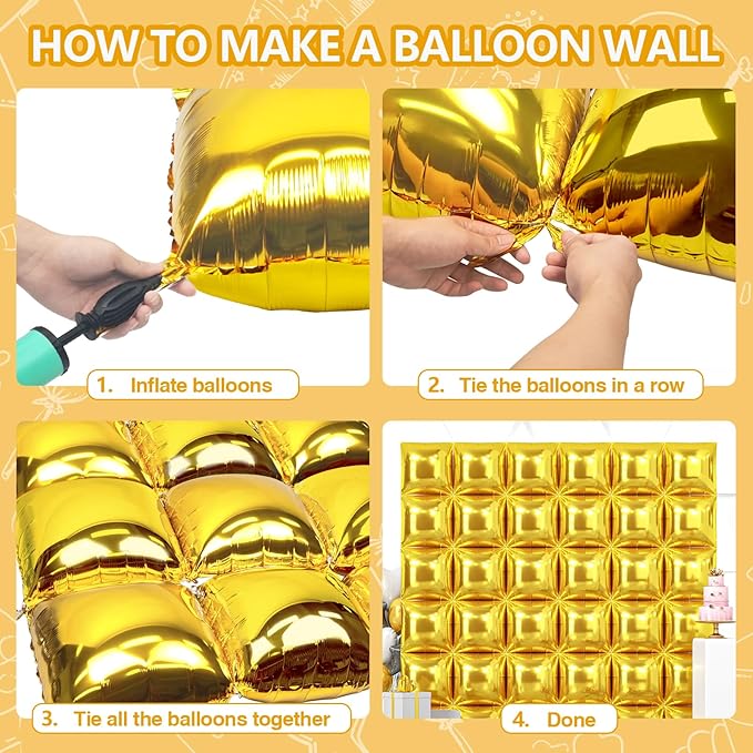 NISOCY 36PCS Gold Square Foil Balloons Wall Backdrop Metallic Double Sided Gold Christmas Balloons Tunnel Arch Kit for New Year Birthday Anniversary Graduation Party Decorations