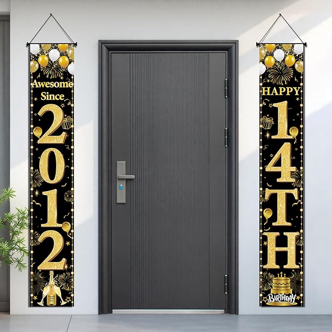 14th Birthday Decorations Boys Girls - Black Gold Awesome Since 2012 Door Banner Porch Wall Decor Backdrop For 14 Year Old Indoor Outdoor Party Supplies