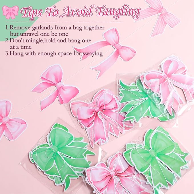 8 Pcs Pink Green Bow Garlands Decorations Witch Princess Theme Party Decorations Green and Pink Ribbon Banners Hanging Decor for Birthday Bridal Engagement Wedding Coquette Party Supplies