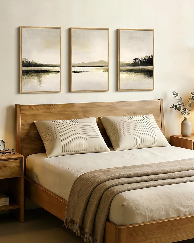 Drsoum Vintage Black Gray Abstract Laker Landscape Wall Art Framed Brown Tan Neutral Prints Minimalist Modern Rustic Artwork Bedroom Living Room Ready to Hang 16x24in Natural Framed