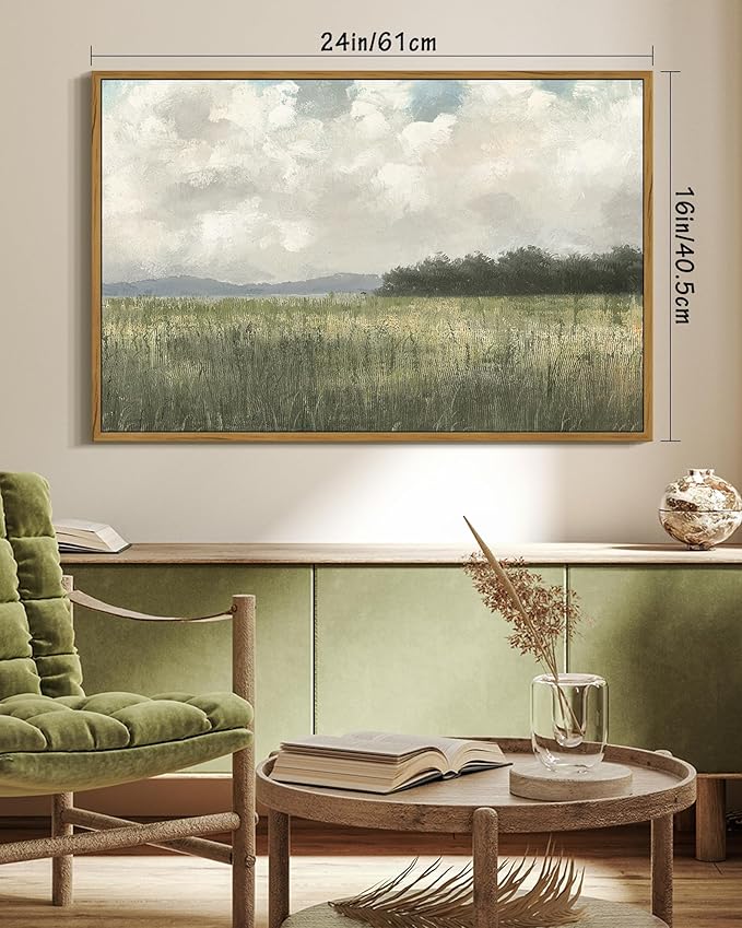 SHENIFY Vintage Landscape Framed Wall Art Country Meadow Scenery Farmhouse Decor Retro Painting for Living Room Bedroom Ready to Hang Wall Artwork - 16x24in Natural Framed