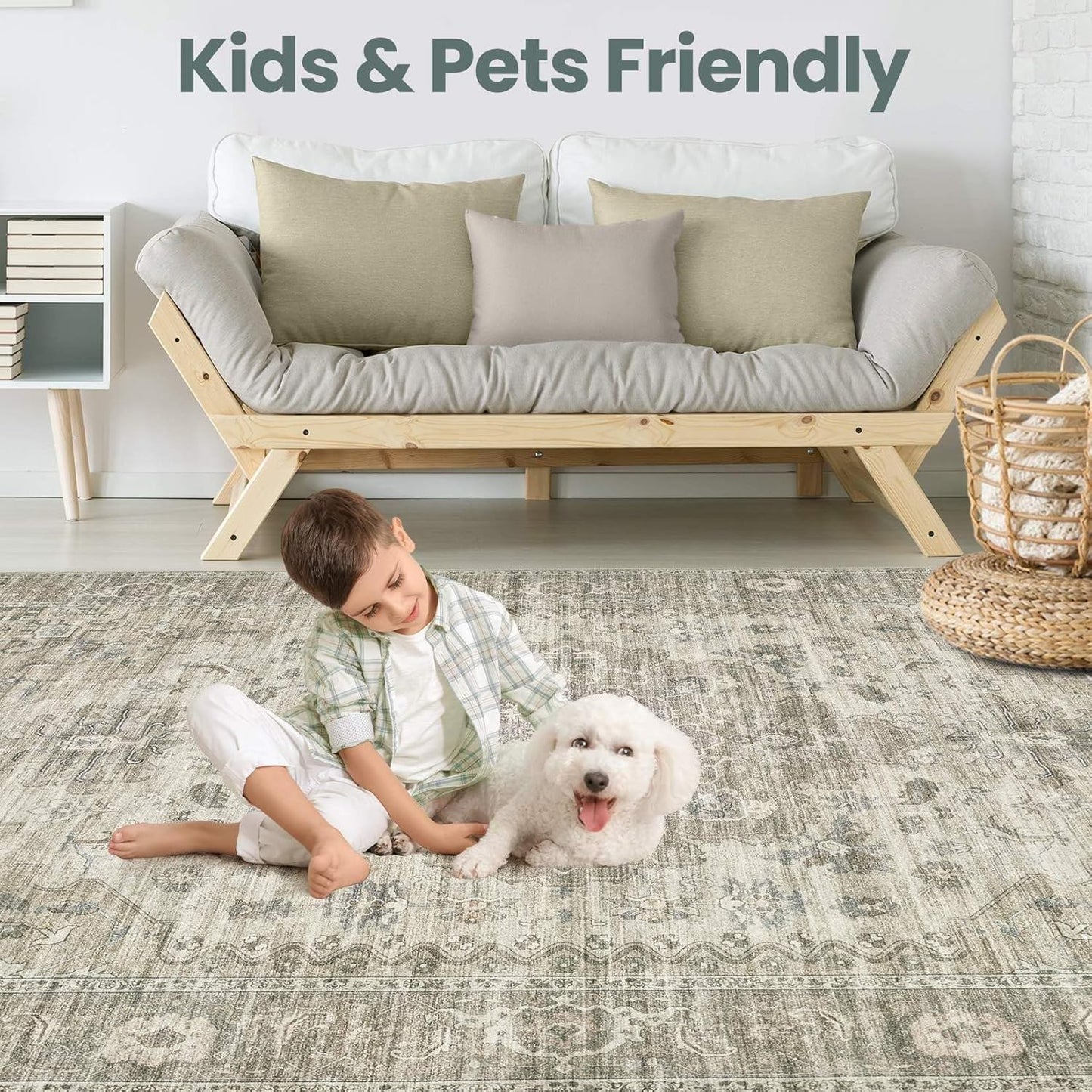 Washable Area Rugs for Living Room -10x14 Neutral Vintage Distressed Floral Farmhouse Boho Large Soft Floor Rug Indoor Non Slip Carpet for Living Room Bedroom Dining Room Office -Brown/Tan