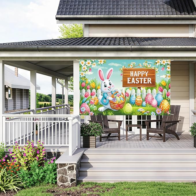 Happy Easter Backdrop 71" X 43" Happy Easter Day Banner Easter Rabbit Party Decorations Easter Bunny Background