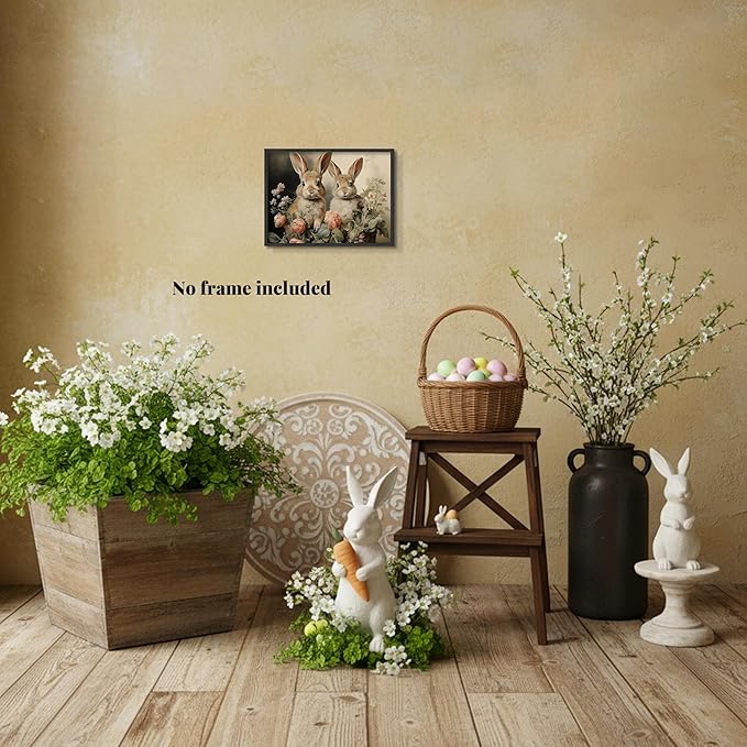 Easter Bunny Wall Art Poster, Two Adorable Rabbits with Flower Basket Picture Prints, Rustic Farmhouse Canvas Artwork, Vintage Holiday Wall Decor for Kids Room Bedroom Living Room 8x10in Unframed