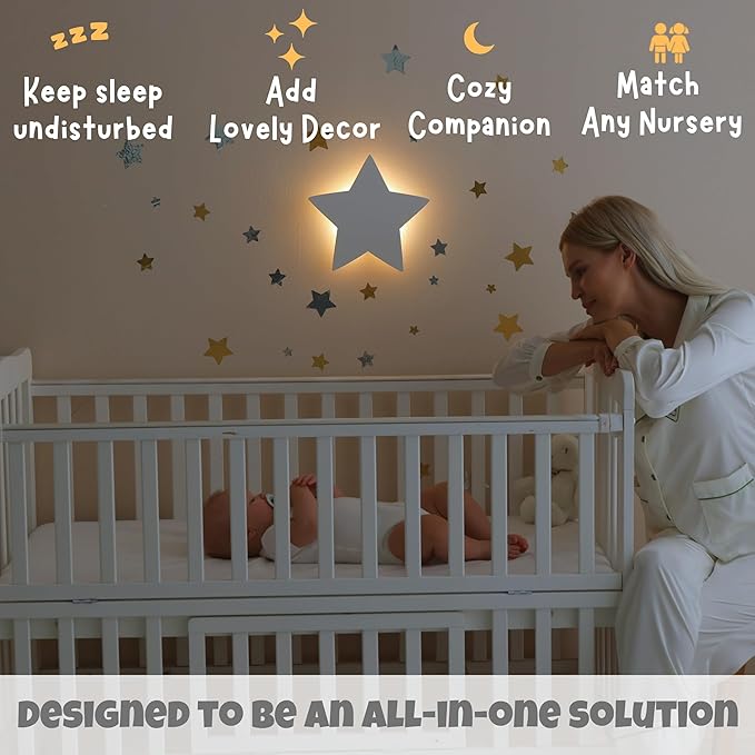 Star Wall Light for Nursery – Crib and Toddlers Night Light - Rechargeable & Dimmable Warm Light - 106 Pcs Moon and Star Decals Included