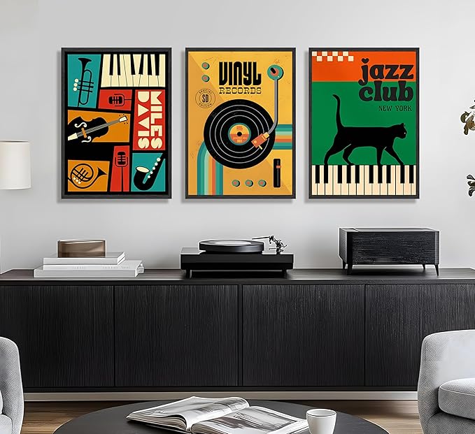 JWDXNOOK 3pcs Retro Jazz Music Wall Art Vintage Vinyl Records Paintings Musical Instruments Black Cat on Piano Canvas Prints Poster for Living Room Bedroom Music Room Decor Unframed