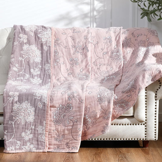 jinchan Boho 100% Cotton Muslin Twin Size 50x60 Inches Blanket Lightweight 4-Layer Quilted Soft Pink Red Floral Throw Blanket Reversible Comfy Flower Breathable All Seasons Couch Bedroom Decor