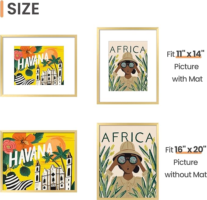 upsimples 16x20 Picture Frame Set of 5, Display Pictures 11x14 with Mat or 16 x 20 Without, Wall Gallery Poster Frames, Gold