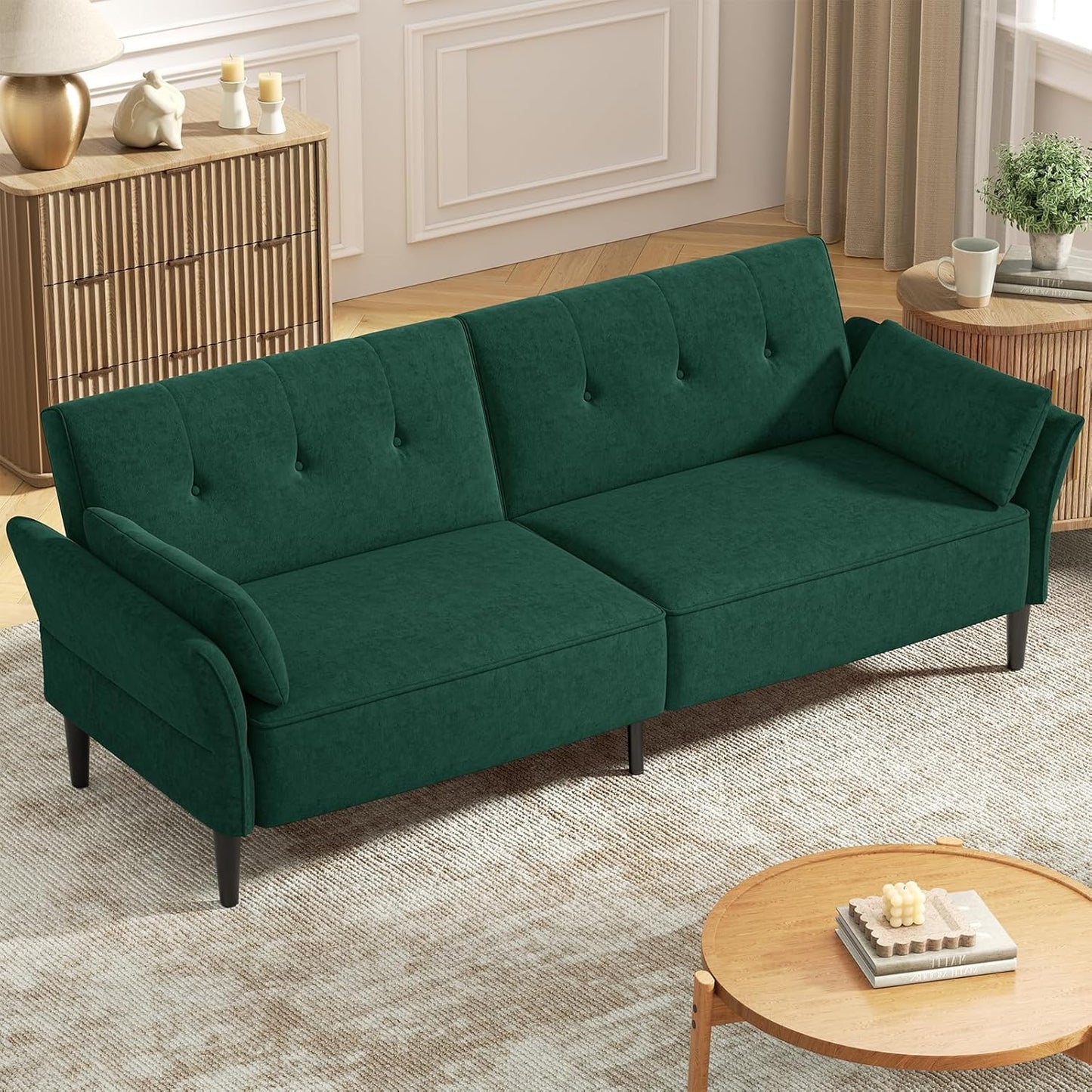 89” Futon Sofa Bed, Velvet Fabric Comfy Futon Couch Bed with 2 Square Pillows, Convertible Sleeper Sofa with Adjustable Backrest& Armrests, Modern Loveseat Sleeper for Living Room, Bedroom