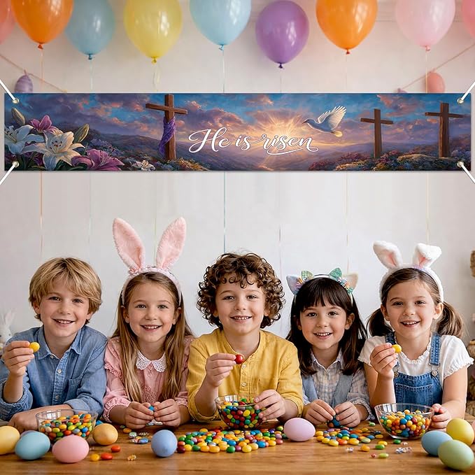 He Is Risen Easter Banner Resurrection Cross Sunrise Spring Christian Decor 118×20 inch Religious Faith Banner for Church Yard Fence Door Wall Indoor Outdoor Display