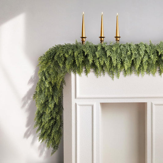 9ft Christmas Cedar Garland with Soft Thickness Pine, Artificial Green Faux Cedar Pine Garland for Mantle Fireplace Indoor Outdoor Holiday Party Home Decoration（2 Pcs）