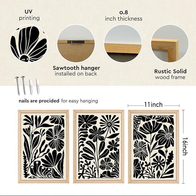 YWJKWLGS Black and White Abstract Floral Botanical Wall Art, 3 piece, 11x16 Inch, Vintage Boho Plant Flower Minimalist, Mid Century Print sign Frame for Bedroom Living Room Office (Wood)
