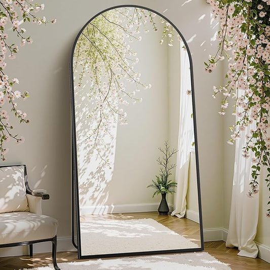 DUMOS Arched Full Length Mirror with Stand Floor Standing Aluminum Frame for Bedroom Body Hanging Leaning Modern Simple Home Decor Shatter-proorf Nano Glass Wall Living Room Natural Black, 70.4"x25.6"