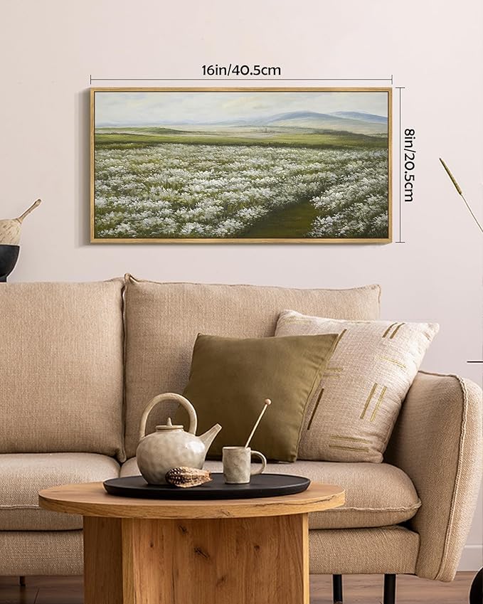 SHENIFY Vintage Landscape Framed Wall Art Meadow with Flowers Scenery Farmhouse Decor Rustic Retro Grassland Wildflower Field Painting for Kitchen Bedroom Bathroom - 8x16in Natural Framed
