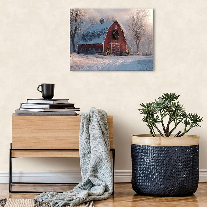 Christmas Farmhouse Canvas Wall Art Red Barn Pictures Wall Decor Christmas Tree Poster Vintage Snowy Country Prints Artwork Winter Snow Scenic Painting for Living Room Bedroom Home Decorations 12x16"