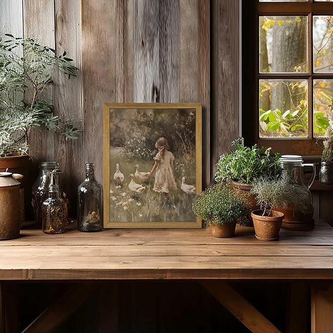 Wood Framed Canvas Wall Art, Vintage Girl with Ducks Painting Poster, Countryside Pastoral Landscape Print Picture, Rustic Farmhouse Wall Decor for Living Room Bedroom Nursery 8x10 inch