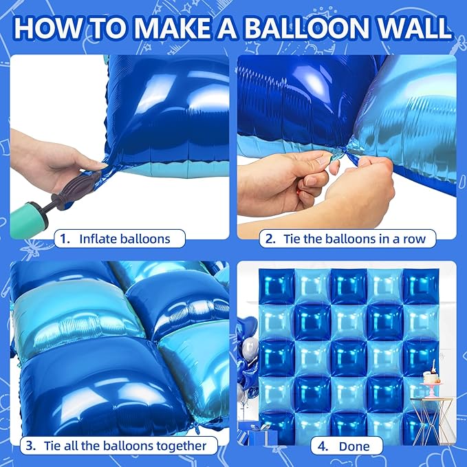 NISOCY 25PCS Deep Blue Square Foil Balloons Wall Backdrop Double Sided Pearl Blue Balloons Arch Kit for Birthday Graduation Baby Shower Wedding Memorial Day Party Decorations