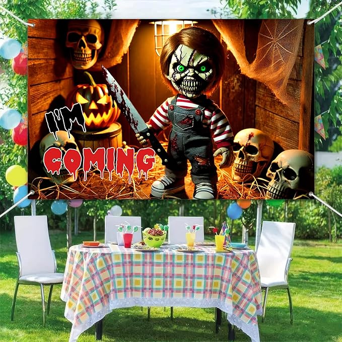Scary Doll Halloween Banner 71x43 Inch Creepy Knife Puppet Backdrop I'm Coming Wall Decor with Skull Pumpkin for Haunted House Horror Party Trick or Treat Indoor Outdoor Decoration