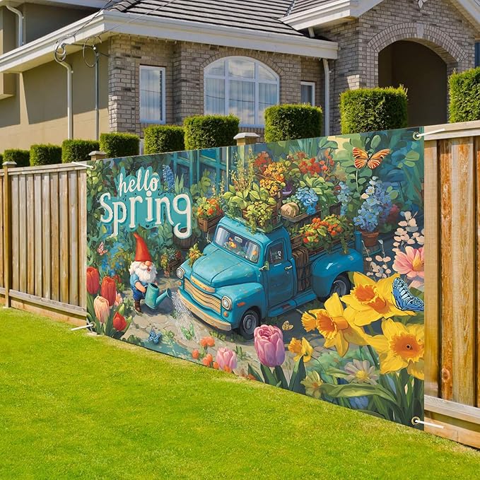 Hello Spring Backdrop 71'' x 43'' Hello Spring Banner Gnome Daisy Butterfly Backdrop Decorations for Photography Background Photo Prop Booth Party Decor