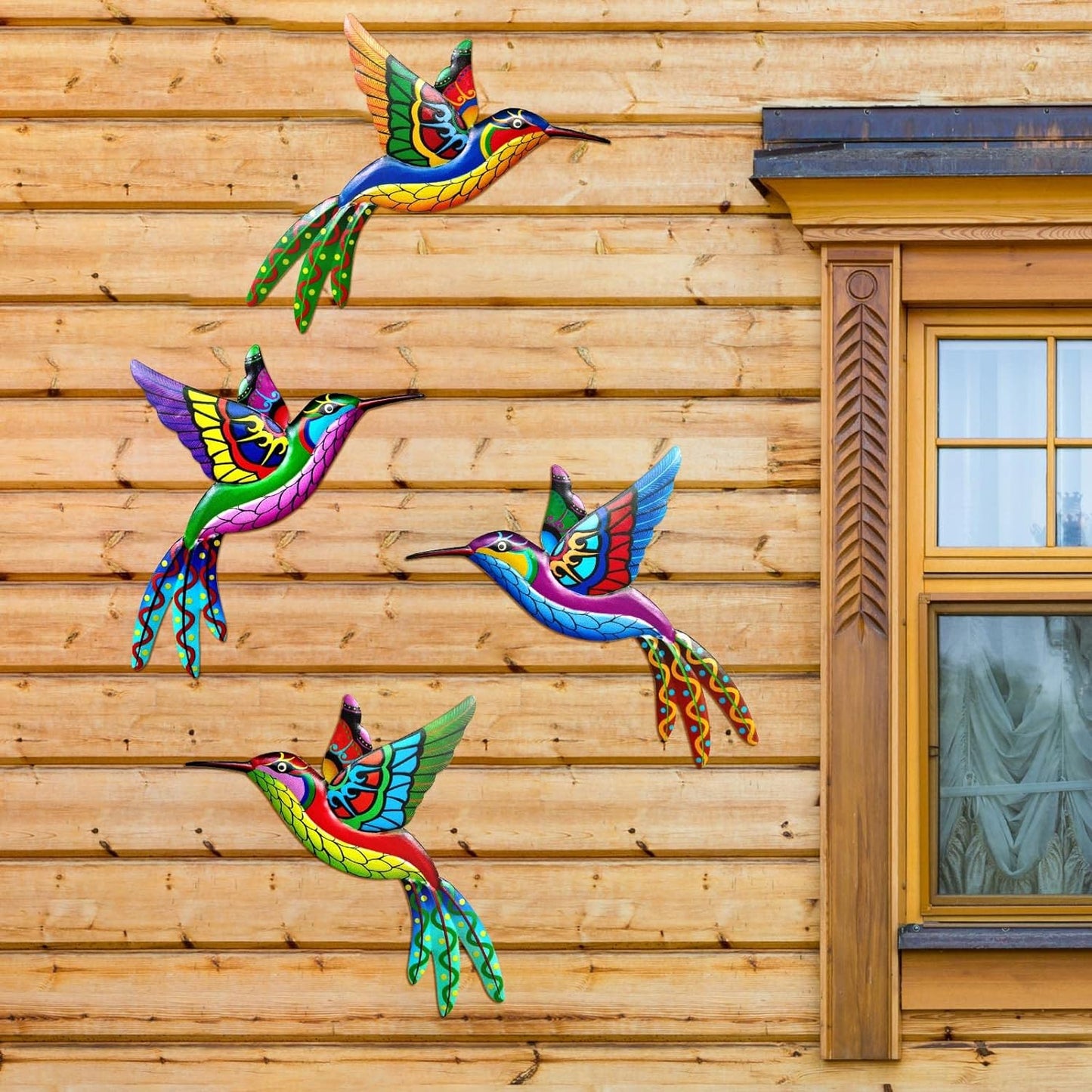 ZYP Metal Outdoor Wall Art Decor,3D Colorful Garden Birds Sculpture Outdoor Iron Hanging Decor Ornaments, Metal Hand-made Bird Wall Art Decorations for Fence Patio Balcony Living Room,Hummingbird