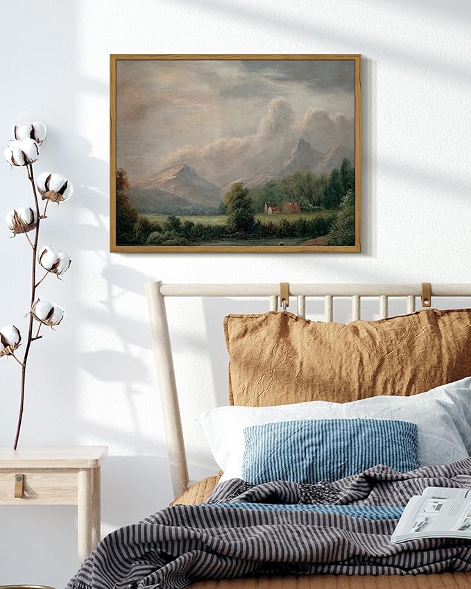 SHENIFY Vintage Framed Wall Art Rustic Cottage Country Riverside Landscape Scenery Home Decor Retro Mountain Decorations for Bedroom Ready to Hang Wall Artwork - 11x14in Natural Framed