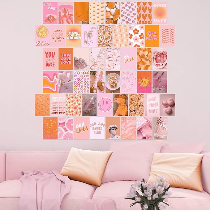 Pink and Orange Room Decor Aesthetic, Peach Wall Collage Kit Posters for Teen Boys Girls (50pcs 4x6 inch)