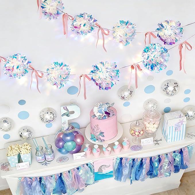 Iridescent Party Decorations, Iridescent Pompom Garland with Pink Bow Banner 1 Piece, Shimmering Mantel Garland for Birthdays, Weedings, Girls Party Decorations