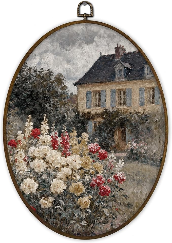 Gnmduw Cottagecore House and Garden Oval Wall Art Framed, Farmhouse French Country Landscape Canvas Prints Hanging Decor, Moody Cottage Floral Garden Wall Decor for Bedroom Living Room, 8.7x11.3 Inch