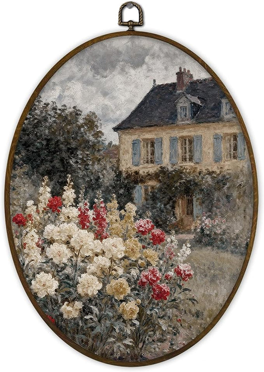 Gnmduw Cottagecore House and Garden Oval Wall Art Framed, Farmhouse French Country Landscape Canvas Prints Hanging Decor, Moody Cottage Floral Garden Wall Decor for Bedroom Living Room, 8.7x11.3 Inch