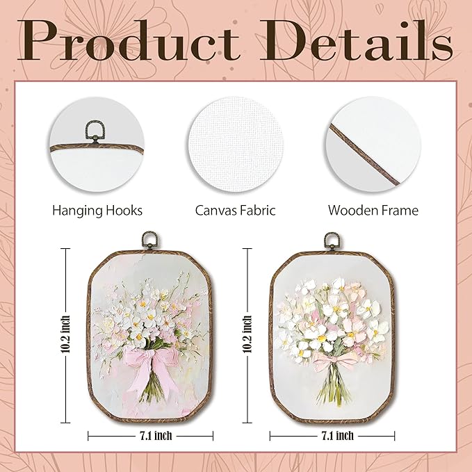 Hxlac Vintage Pink Bow Floral Bouquet Rectangular Wall Art Framed Set of 2, White Floral Rectangular Wall Decor, Spring Flower Hanging Canvas Prints Wall Sculptures for Bedroom Decor, 7.1x10.2 Inch