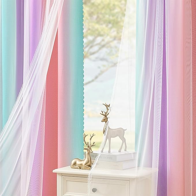XiDi Kids Blackout Curtains with Sheer Overlay for Girl Bedroom 96 Inches Long Pink Purple Green Rainbow Princess Double Layer Curtain Thermal Insulated Room Darkening Grommet Drapes 2 Panels W34xL96
