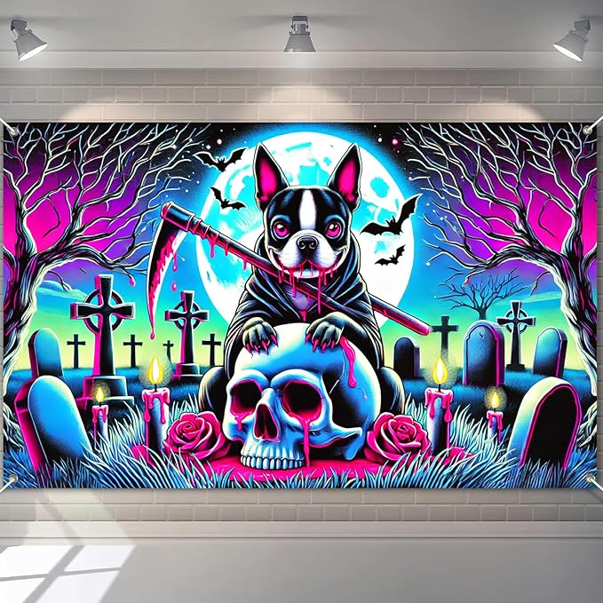 Halloween Banner Dog Skull Backdrop Trick or Treat Decor Scary Halloween Decoration Creepy Graveyard Wall Hanging for Outdoor Indoor Party