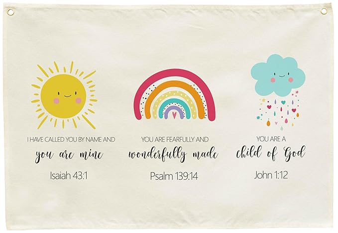 Christian Bible Verse Scripture Nursery Canvas Banner-Rectangular Flag Sign for Baby Boy Girl Kid,Bedroom Playroom Nursery Door Decoration,Baby Shower Birthday Christmas Gift,Weather Rainbow Theme