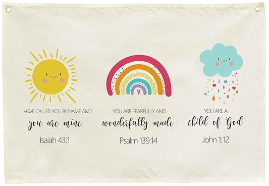 Christian Bible Verse Scripture Nursery Canvas Banner-Rectangular Flag Sign for Baby Boy Girl Kid,Bedroom Playroom Nursery Door Decoration,Baby Shower Birthday Christmas Gift,Weather Rainbow Theme
