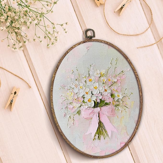 Vintage Pink Bow Floral Bouquet Oval Wall Art Framed, White Floral Oval Wall Decor, Vintage Flower Hanging Canvas Prints Wall Sculptures for Bedroom Living Room Decor, 8.5x11.5 Inch