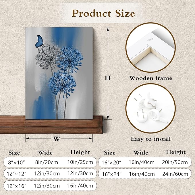 LB Blue Dandelion Wall Art Blue Grey Dandelion with Butterfly Canvas Wall Art Modern Abstract Wall Art Decor for Living Room Bedroom Bathroom Office Framed Ready to Hang 16L x 12W