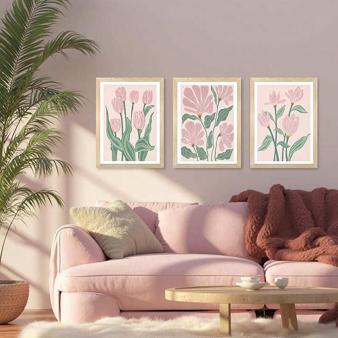 JLTULT 3 Pieces Pink Tulips Floral Wall Art, Boho Pink Green Botanical Wall Decor, Modern Abstract Flowers Paintings Art Prints for Living Room Bedroom Home Office12x16 inch Wood Framed Ready to Hang