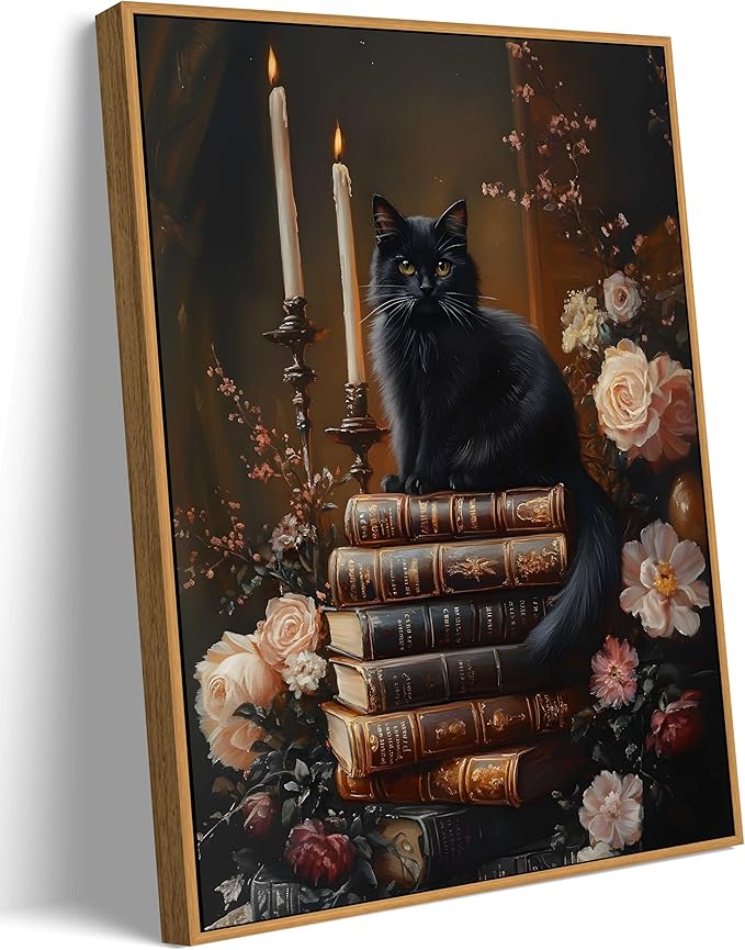 Framed Dark Academia Moody Wall Art Victorian Black Cat Wildflower Book Floral Wall Decor Picture Gothic Vintage Antique Aesthetics Poster Prints for Gallery Library Bookstore Decoration 12x16in