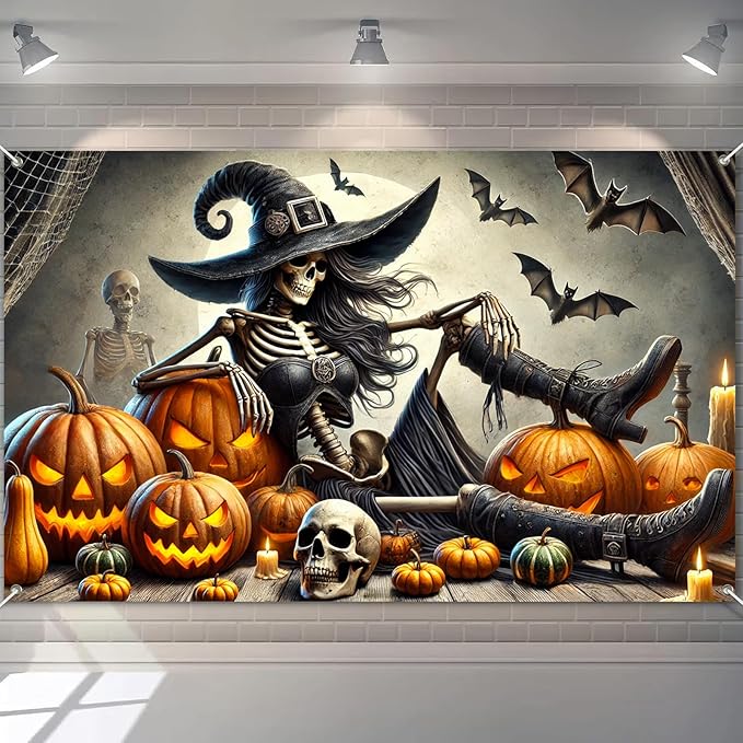Halloween Banner 71x43 Inch Scary Witch Skeleton Backdrop Trick or Treat Yard Sign Spooky Halloween Decorations for Outdoor Haunted House Wall Party