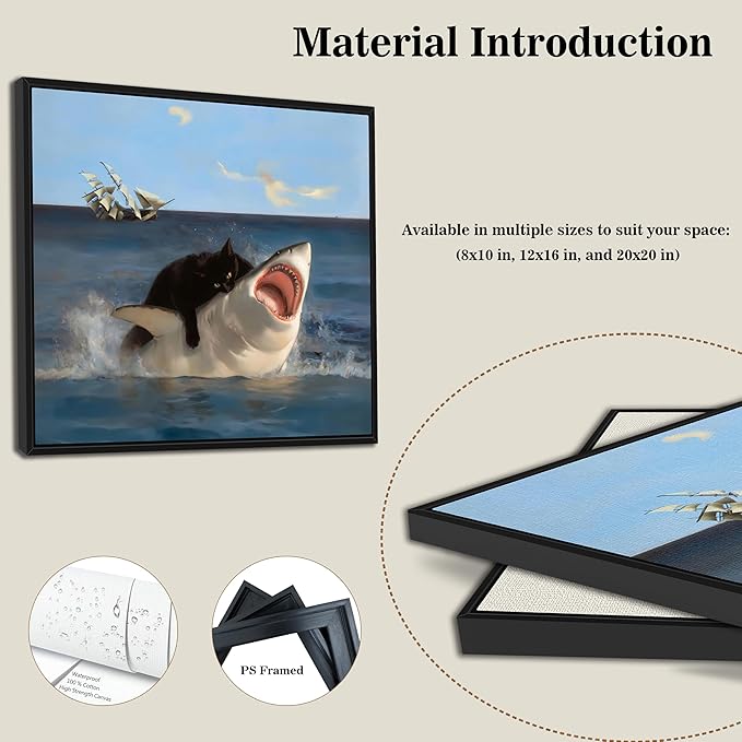 Floating Framed Black Cat Wall Art, Funny Quirky Cat and Shark Pictures Canvas Print, Abstract Black Cat Shark Posters Wall Decor for Room Bedroom Living Room Bathroom Aesthetic 20x20 inch