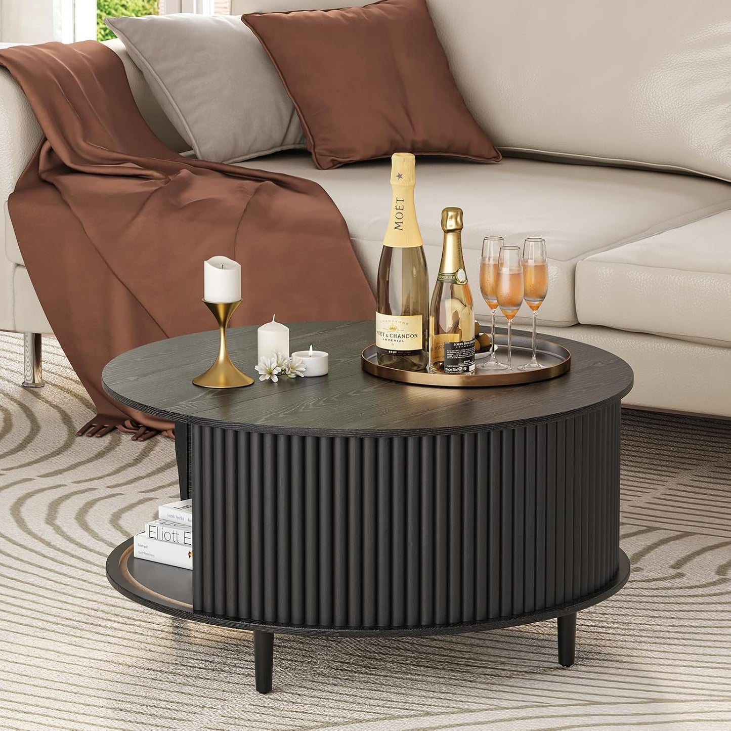 Round Coffee Table with Storage,Mid Century Modern Dining Table with Sliding Cabinet Door for Living Room,Home Small Space,31.5" Small Center Table,Black