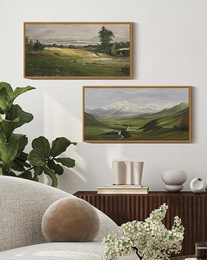 SHENIFY Vintage Framed Wall Art The Vast Grassland Wilderness Landscape Painting Retro Meadow Scenery Farmhouse Kitchen Living Room Decor - 8x16in Natural Framed