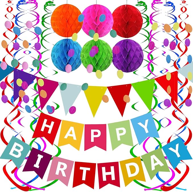 Fecedy Happy Birthday Banner With Colorful Paper Flag Bunting Paper Circle Confetti Garland Swirl Streamers Honeycomb ball for Birthday Party Decorations