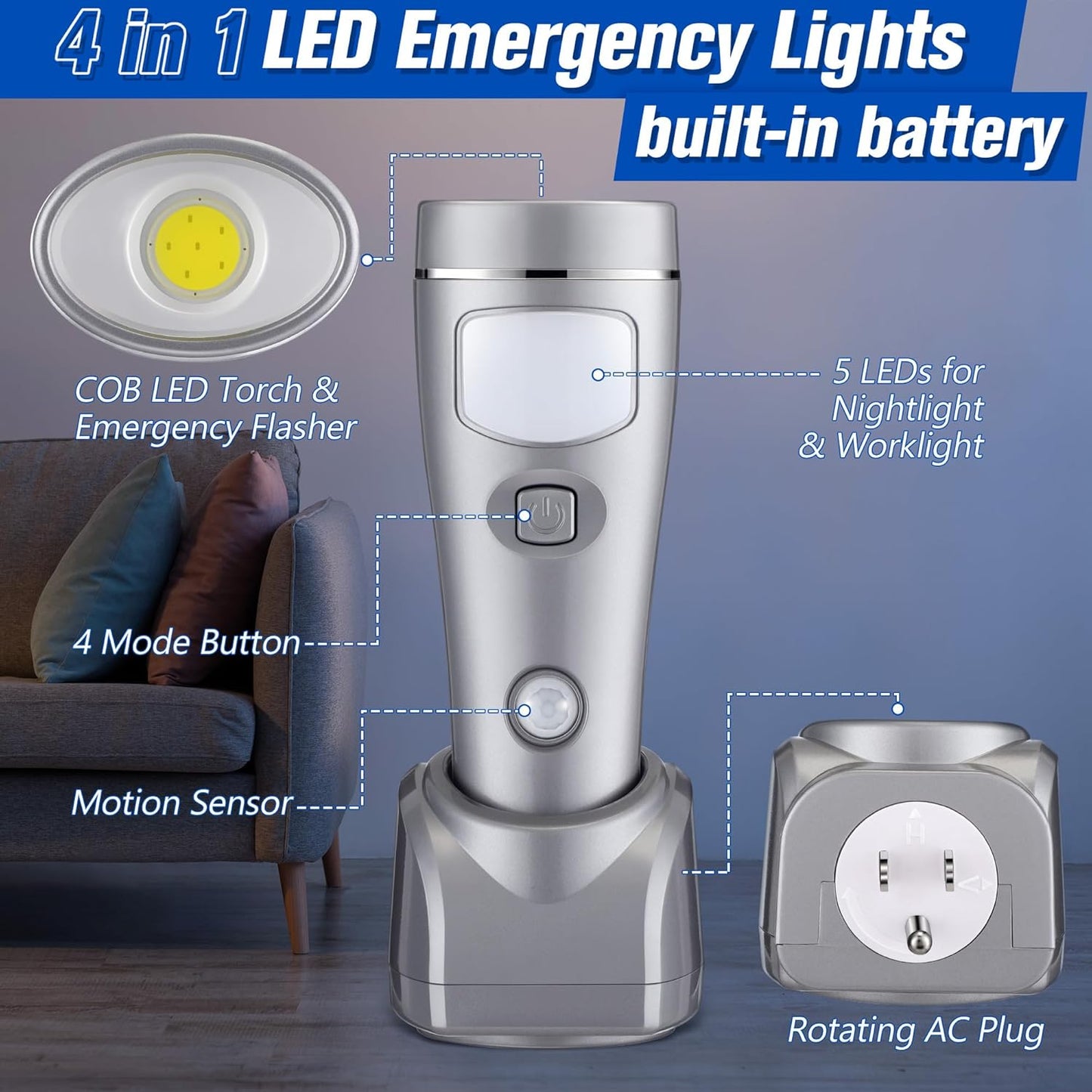 Enhon 2 Pack 4 in 1 LED Emergency Lights for Home Power Failure, Rechargeable Plug in Flashlight Motion Sensor Night Light, Automatic Turn On Power Outage Light for Home Hurricane Supplies