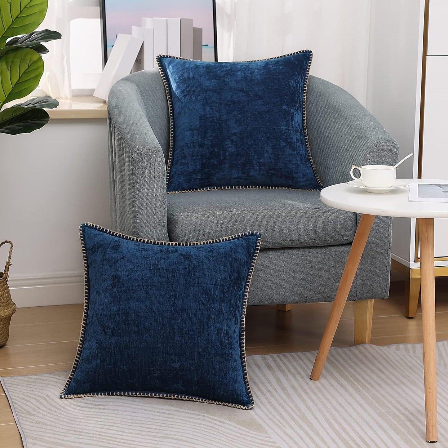 decorUhome Chenille Soft Throw Pillow Covers 26x26 Set of 2, Farmhouse Velvet Neutral Decorative Euro Pillow Covers with Stitched Edge for Couch Sofa Bed Home Decor, Poseidon
