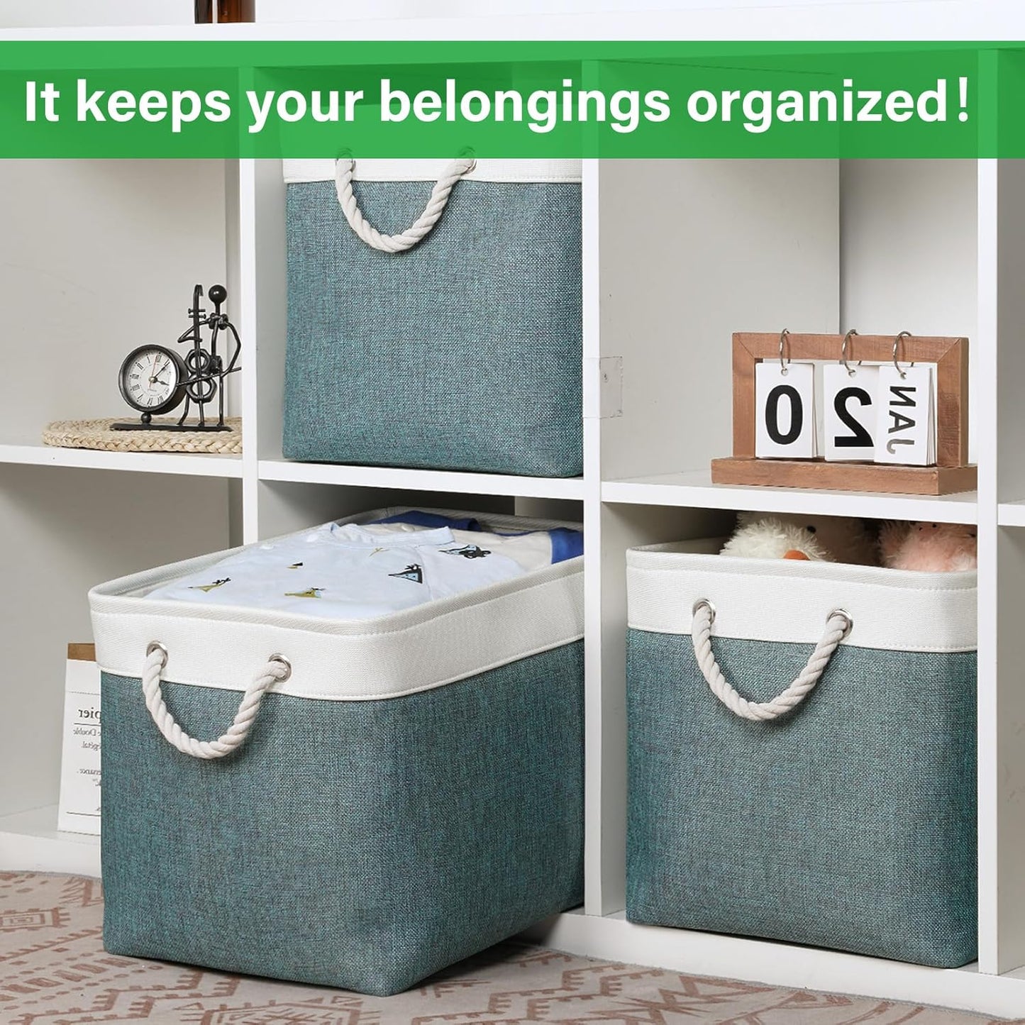 Bidtakay Large Storage Baskets for Shelves 3 Pack Fabric Storage Bins for Organizing Linen Collapsible Organizer for Closet-Deep Green