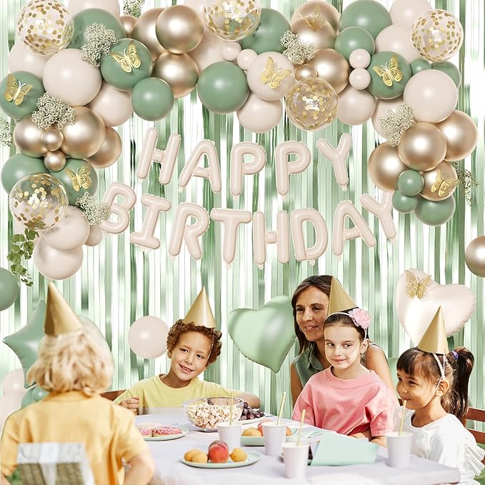 Sage Green Birthday Decorations with Happy Birthday Banner Sage Green Biege Gold Balloons Confetti Foil Balloons Gold Butterfly Fringe Curtains, Green Birthday Party Decorations for Women Girls